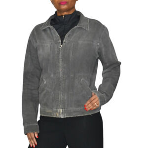 NSF Grey Jean Jacket Faded Black Premium Denim Zip Front Distressed Chore Large